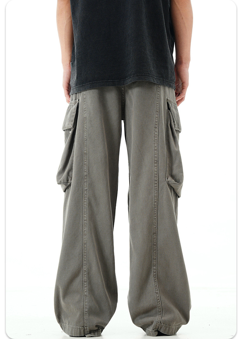 Men'S Trousers Cotton Twill Fabric Sports Loose Fit Jogger Zipper Multi Pockets Cargo Pants