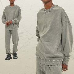 420g Men's Clothing Custom Sweater Batik Retro Washed Distress Fleece Pullover Long-sleeved Sweatshirts For Men Suit