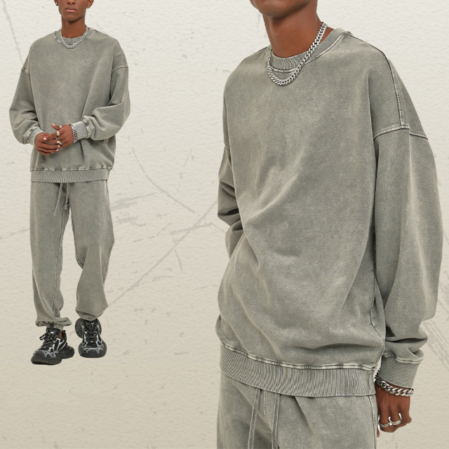 420g Men's Clothing Custom Sweater Batik Retro Washed Distress Fleece Pullover Long-sleeved Sweatshirts For Men Suit