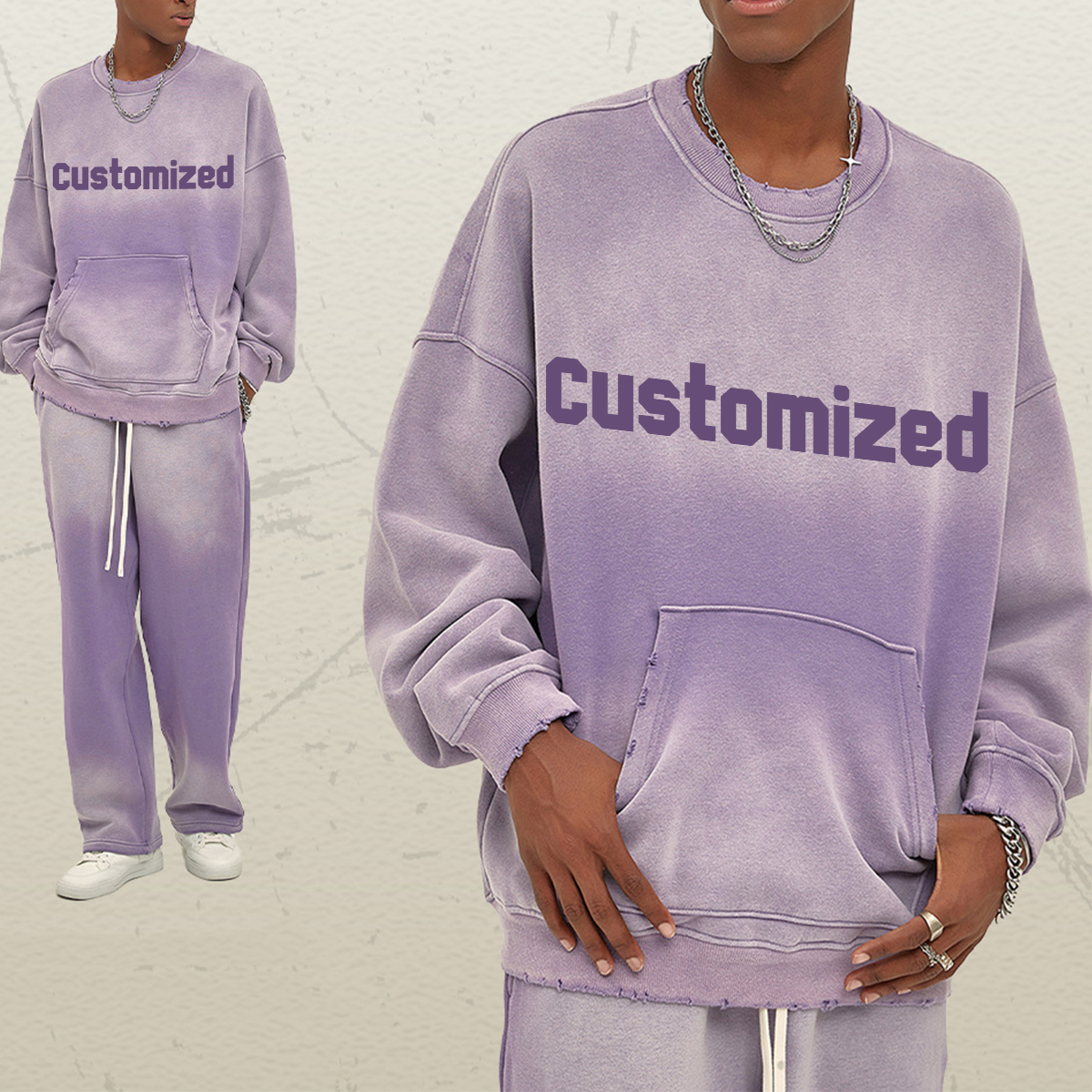 Wholesale 2024 Men Custom New Fashion Acid Wash Sweat Shirts Tracksuit Oversized Tracksuit Men Loose Fit Male Sweatsuit