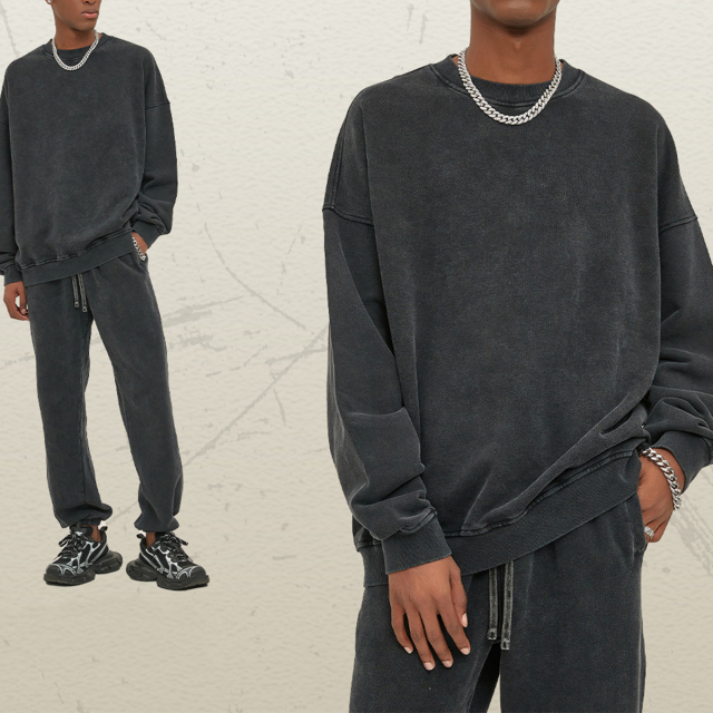 420g Men's Clothing Custom Sweater Batik Retro Washed Distress Fleece Pullover Long-sleeved Sweatshirts For Men Suit