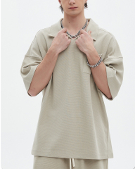 Summer 2024 Wholesale Breathable 100% Cotton Waffle Oversize Suit Short Sleeve V Neck Tee And Shorts Set For Men