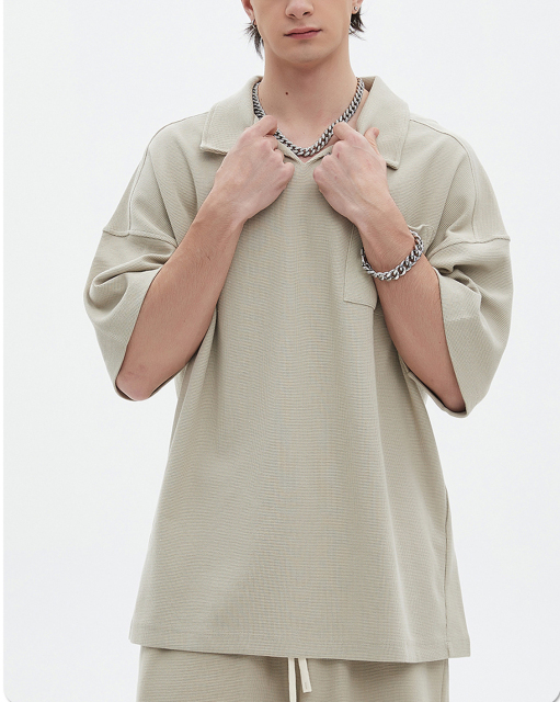 Summer 2024 Wholesale Breathable 100% Cotton Waffle Oversize Suit Short Sleeve V Neck Tee And Shorts Set For Men