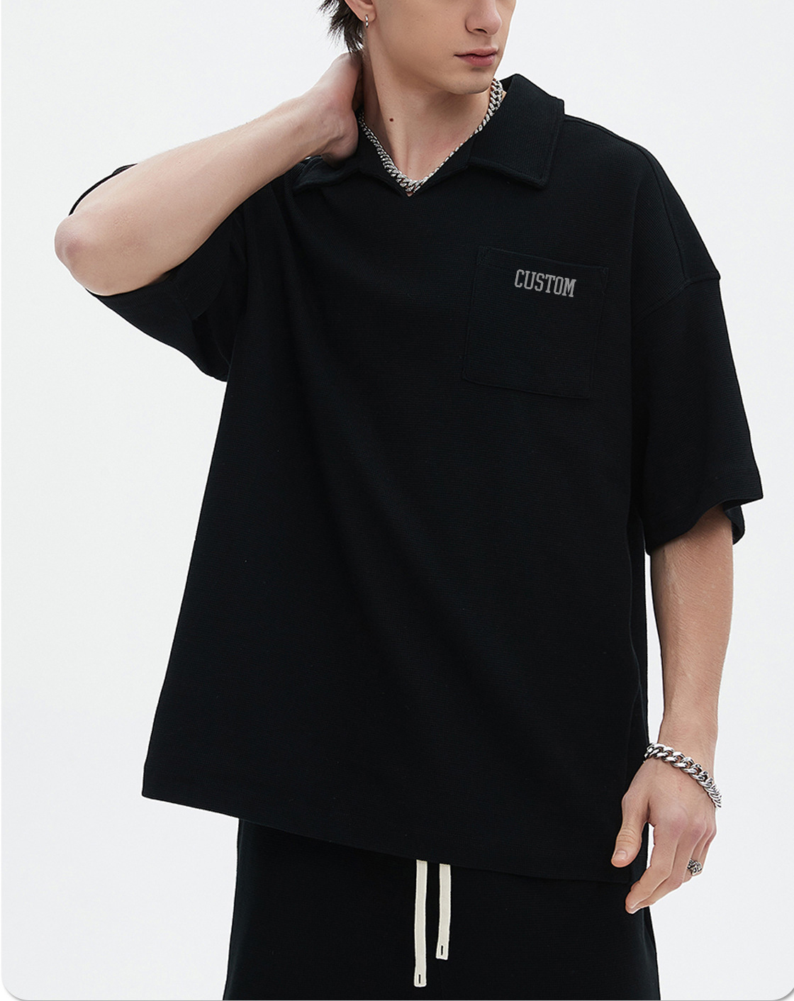 Summer 2024 Wholesale Breathable 100% Cotton Waffle Oversize Suit Short Sleeve V Neck Tee And Shorts Set For Men