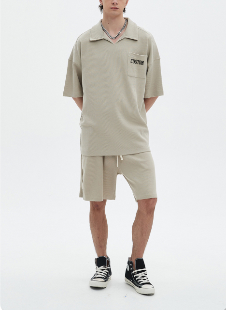 Summer 2024 Wholesale Breathable 100% Cotton Waffle Oversize Suit Short Sleeve V Neck Tee And Shorts Set For Men