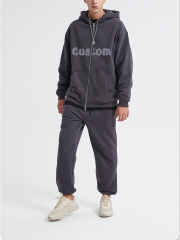 Cotton Streetwear Double Zippers Hoodie Trecksuit Set Heavyweight Oversized Drop Shoulder Blank Sweatshirt Custom Crop