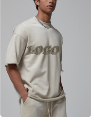 Custom Embroidery Oversize Tee Shirt Heavy 250gsm Cotton Streetwear Vintage Washed Premium Suede Thick Men Plain T-shirts Suit