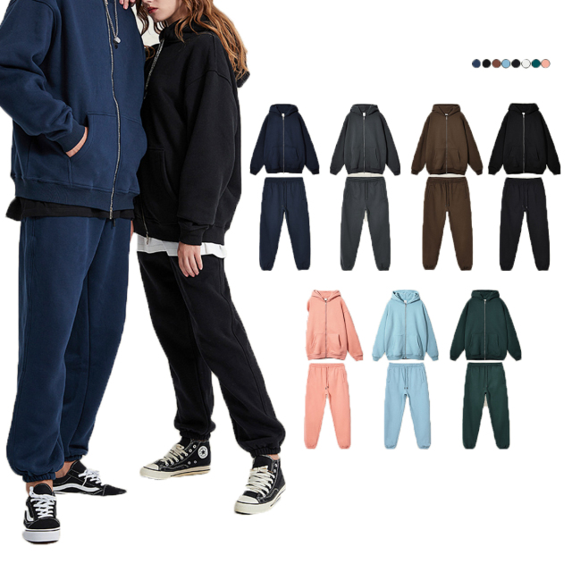 Cotton Streetwear Double Zippers Hoodie Trecksuit Set Heavyweight Oversized Drop Shoulder Blank Sweatshirt Custom Crop