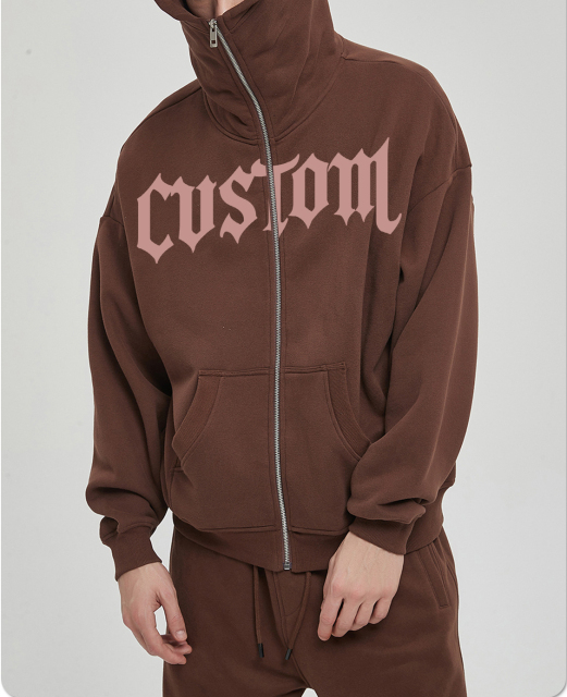 Custom Print Oversize Heavy Cotton Plain Color Screen Print Men Zip Up Hoodie