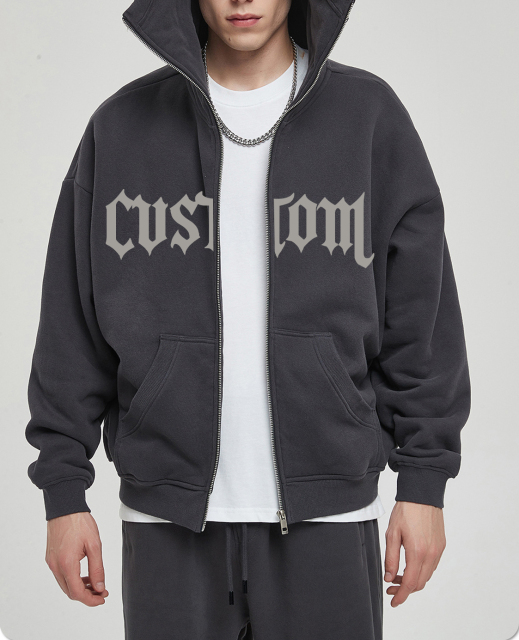 Custom Print Oversize Heavy Cotton Plain Color Screen Print Men Zip Up Hoodie
