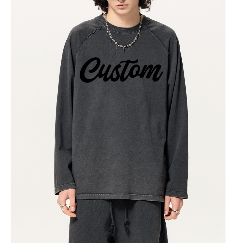 Custom Logo Printed 305gsm 100%Cotton Men'S Oversized Plain Drop Shoulder Tshirt Heavyweight Embossed Long Sleeve Unisex T Shirt