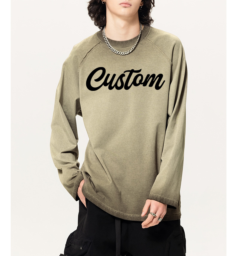 Custom Logo Printed 305gsm 100%Cotton Men'S Oversized Plain Drop Shoulder Tshirt Heavyweight Embossed Long Sleeve Unisex T Shirt