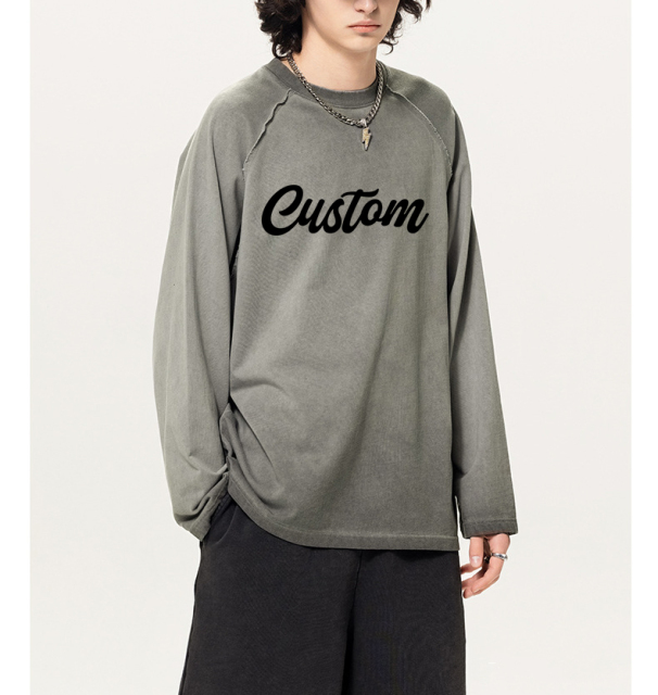 Custom Logo Printed 305gsm 100%Cotton Men'S Oversized Plain Drop Shoulder Tshirt Heavyweight Embossed Long Sleeve Unisex T Shirt