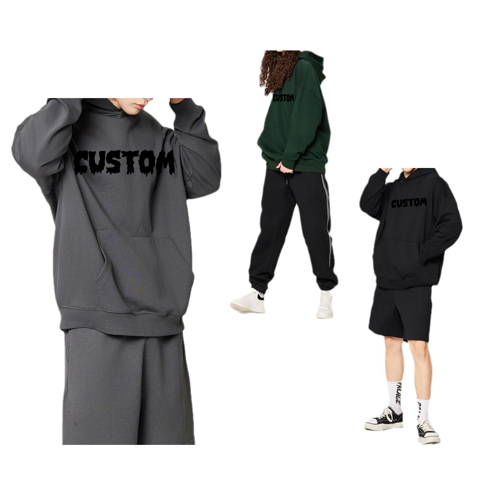 Factory Heavy Fleece Cropped No Strings Hoodies Custom Logo Tracksuit Sweatpants Work Out Casual Sport Wear Hoodies Set For Mens