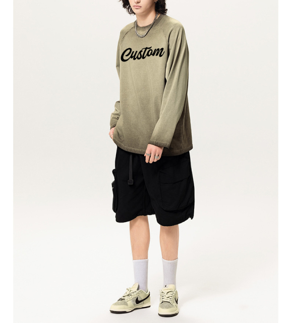 Custom Logo Printed 305gsm 100%Cotton Men'S Oversized Plain Drop Shoulder Tshirt Heavyweight Embossed Long Sleeve Unisex T Shirt