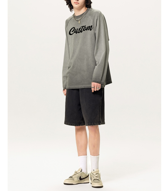 Custom Logo Printed 305gsm 100%Cotton Men'S Oversized Plain Drop Shoulder Tshirt Heavyweight Embossed Long Sleeve Unisex T Shirt