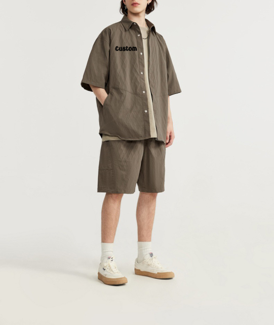 Men Fashion Lapel Plaid Shirt And Short Set 100% Nylon Summer Mens Suits Casual Solid Short Pants 2 Piece Sets