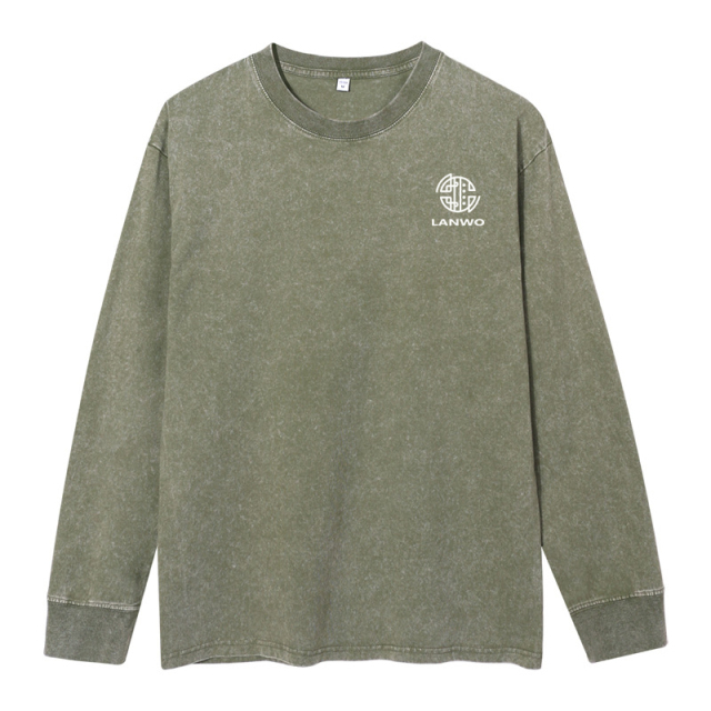 High quality manufacturer men's street fashion brand base shirt washed and worn to make old loose heavy cotton men's long sleeve T-shirt