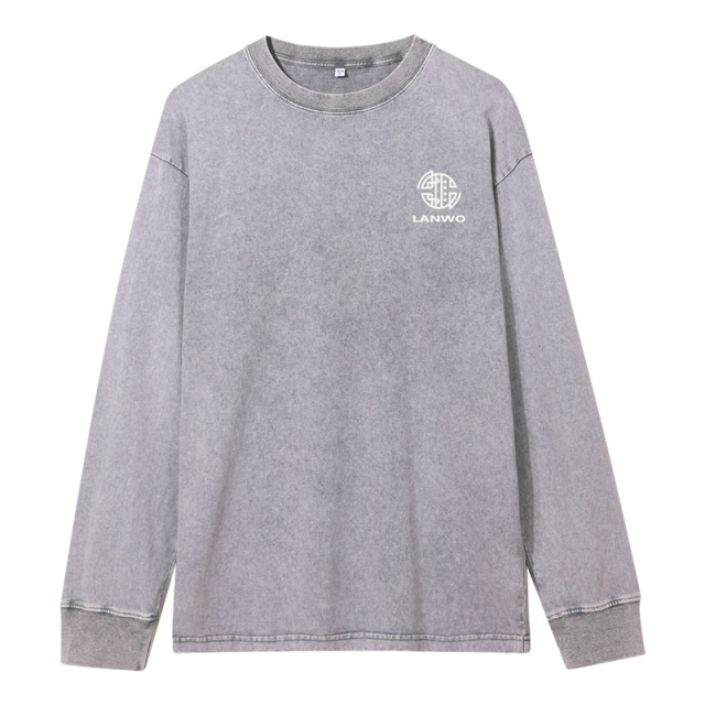 High quality manufacturer men's street fashion brand base shirt washed and worn to make old loose heavy cotton men's long sleeve T-shirt