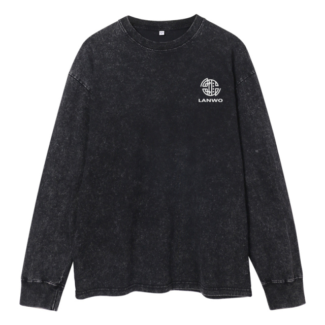 High quality manufacturer men's street fashion brand base shirt washed and worn to make old loose heavy cotton men's long sleeve T-shirt