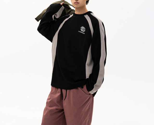 2024 fall new Waffle color contrast heavy loose hoodie men long sleeve casual shirt