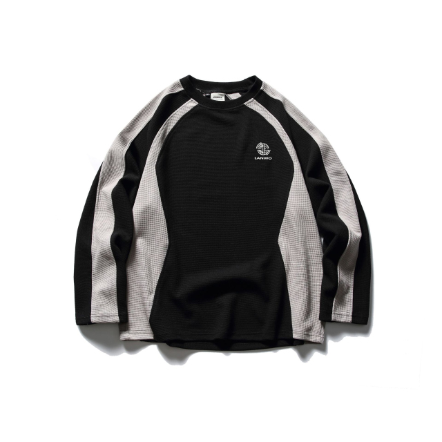 2024 fall new Waffle color contrast heavy loose hoodie men long sleeve casual shirt