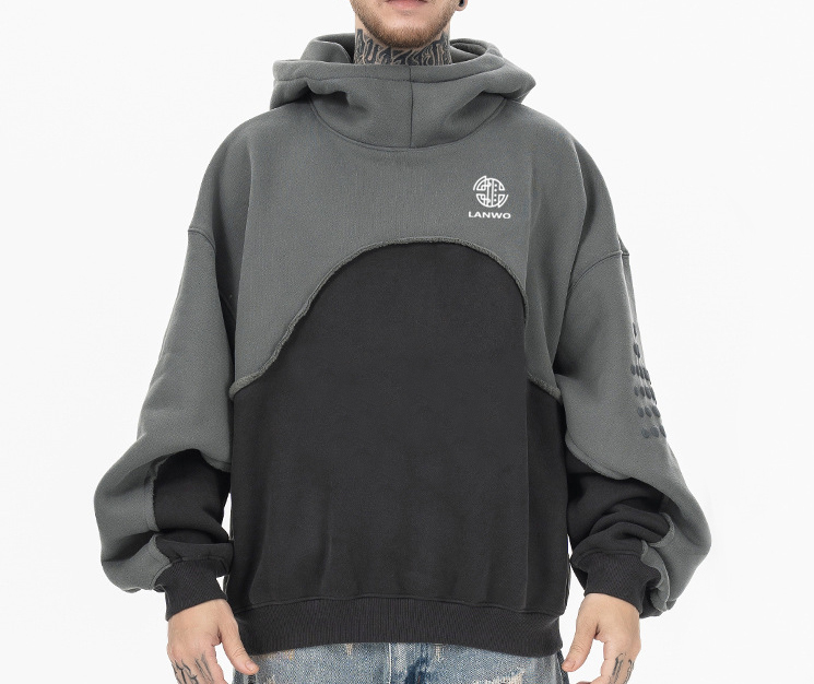 Men's 2024 autumn/winter new fashion color matching hoodie plus fleece drop shoulder hoodie for men and women