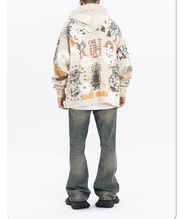 2024 new fashion brand American graffiti high street to do old holes vintage hoodie man