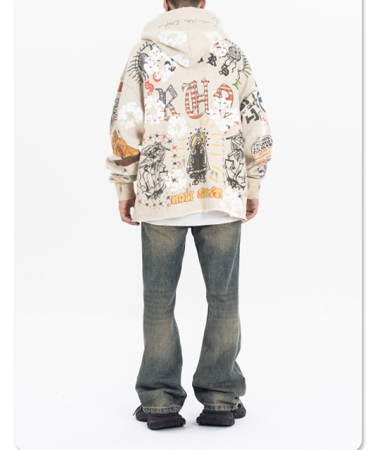 2024 new fashion brand American graffiti high street to do old holes vintage hoodie man