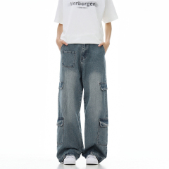 Washed heavy multi-pocket wide leg cargo jeans 2024 American retro fashion jeans men