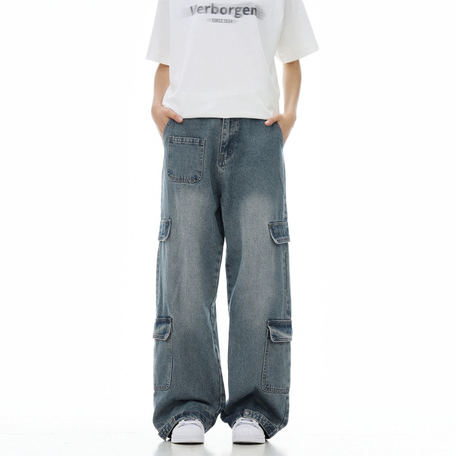 Washed heavy multi-pocket wide leg cargo jeans 2024 American retro fashion jeans men