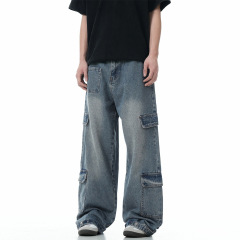 Washed heavy multi-pocket wide leg cargo jeans 2024 American retro fashion jeans men