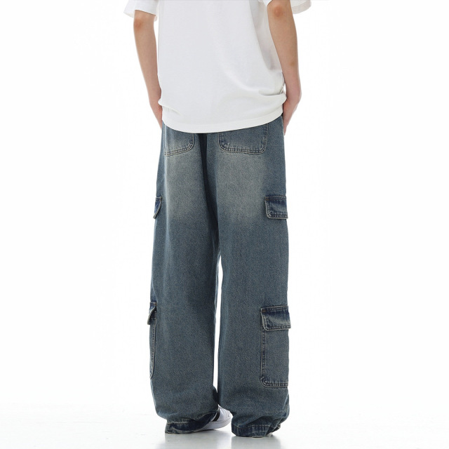 Washed heavy multi-pocket wide leg cargo jeans 2024 American retro fashion jeans men