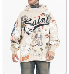 2024 new fashion brand American graffiti high street to do old holes vintage hoodie man