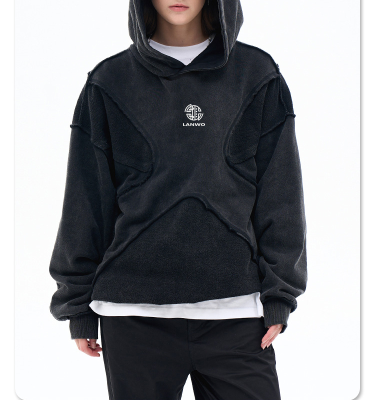 Men's 2024 autumn/winter new fashion brand personality anti-car design process solid color high street hooded hoodie men and women