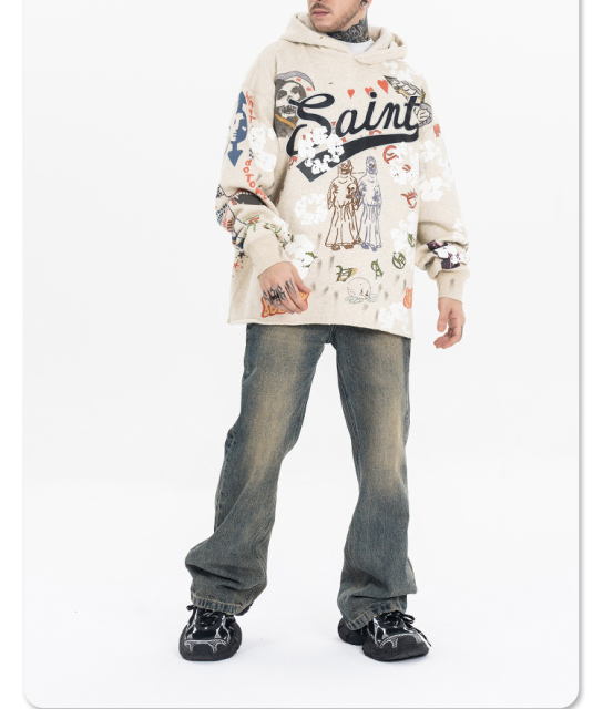 2024 new fashion brand American graffiti high street to do old holes vintage hoodie man