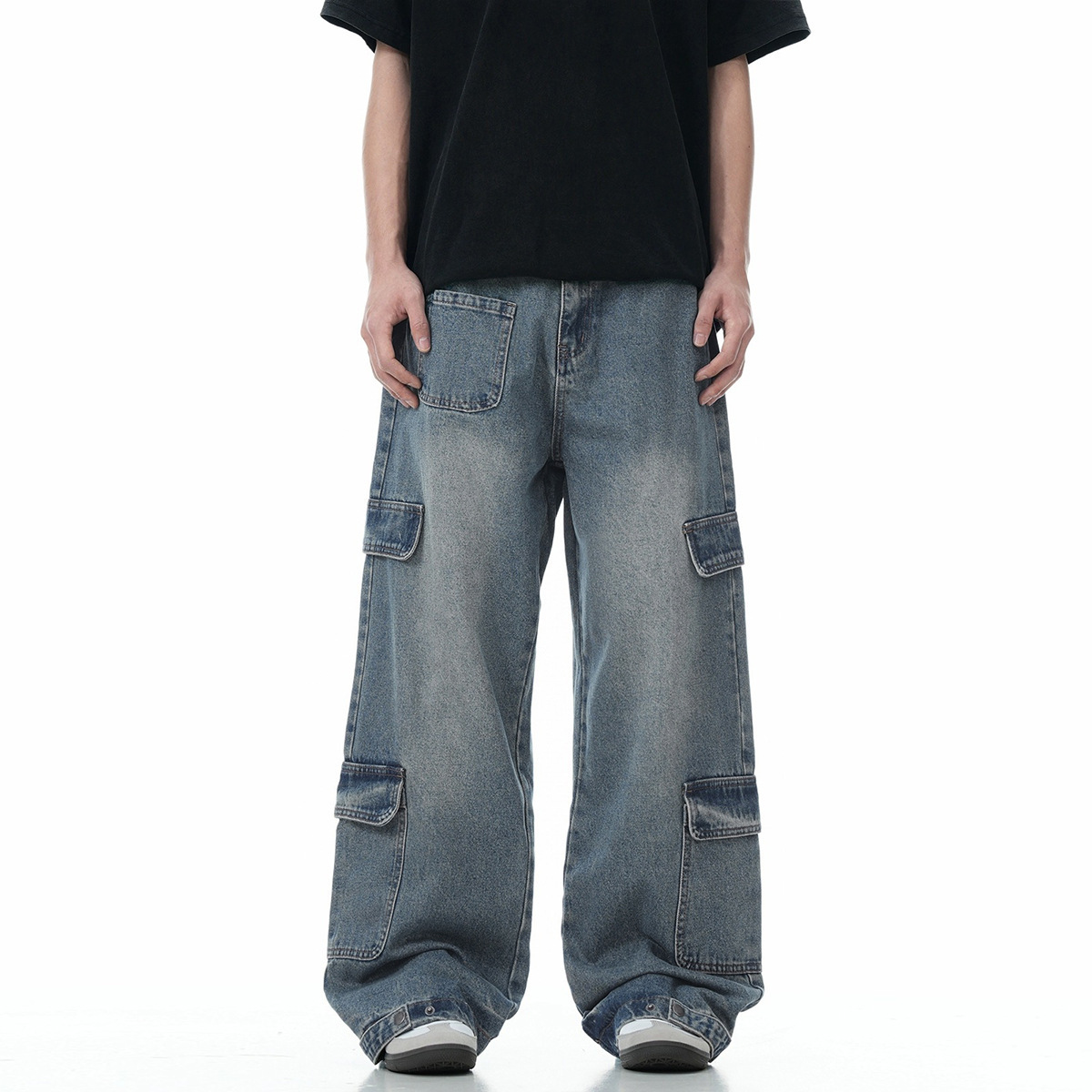 Washed heavy multi-pocket wide leg cargo jeans 2024 American retro fashion jeans men