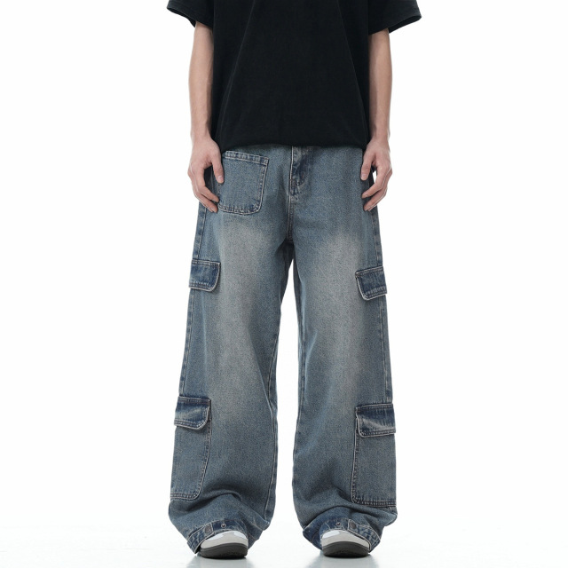 Washed heavy multi-pocket wide leg cargo jeans 2024 American retro fashion jeans men