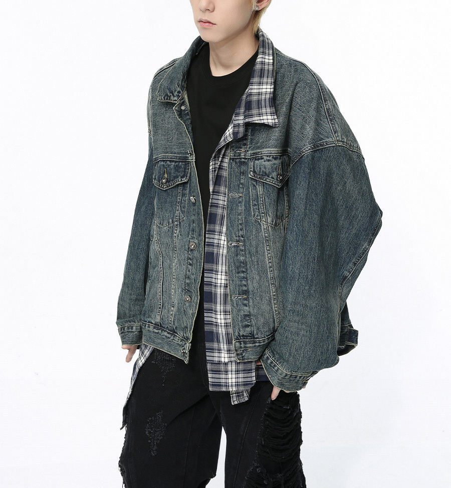 Spring 2024 new Korean plaid irregular patchwork fashion denim jacket