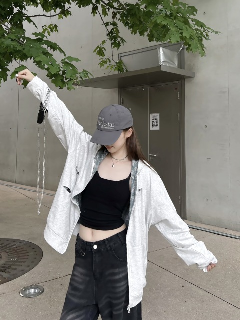 Tide brand 2024 autumn and winter new American ins tide two wear cut hoodie matching color hoodie woman