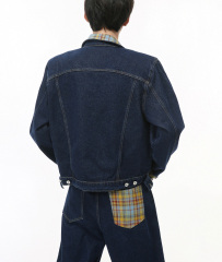 2024 men's fall new Hong Kong style retro plaid patchwork color contrast trend denim suit