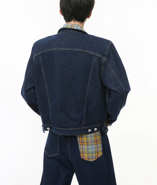 2024 men's fall new Hong Kong style retro plaid patchwork color contrast trend denim suit