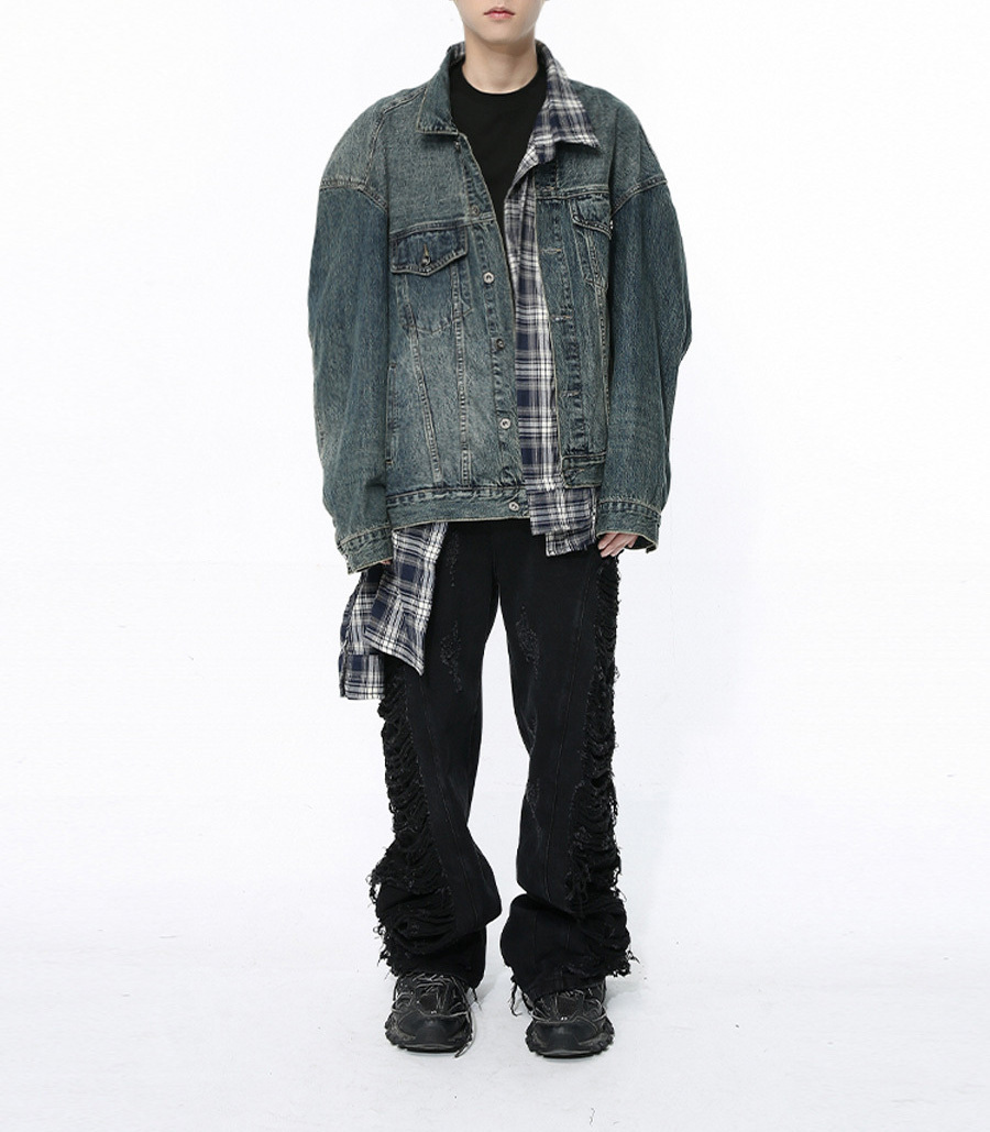 Spring 2024 new Korean plaid irregular patchwork fashion denim jacket