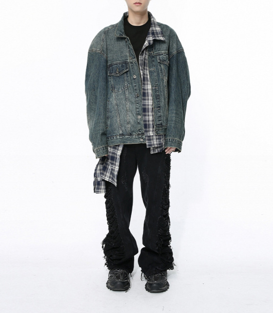 Spring 2024 new Korean plaid irregular patchwork fashion denim jacket