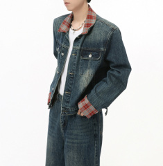 2024 men's fall new Hong Kong style retro plaid patchwork color contrast trend denim suit