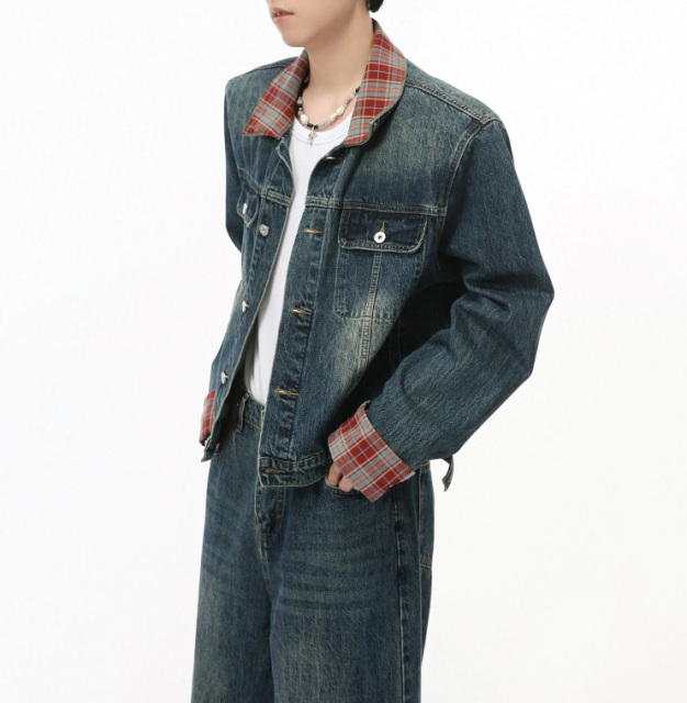 2024 men's fall new Hong Kong style retro plaid patchwork color contrast trend denim suit