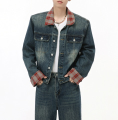 2024 men's fall new Hong Kong style retro plaid patchwork color contrast trend denim suit