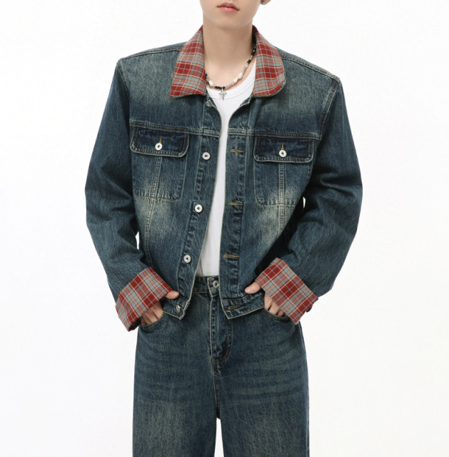 2024 men's fall new Hong Kong style retro plaid patchwork color contrast trend denim suit