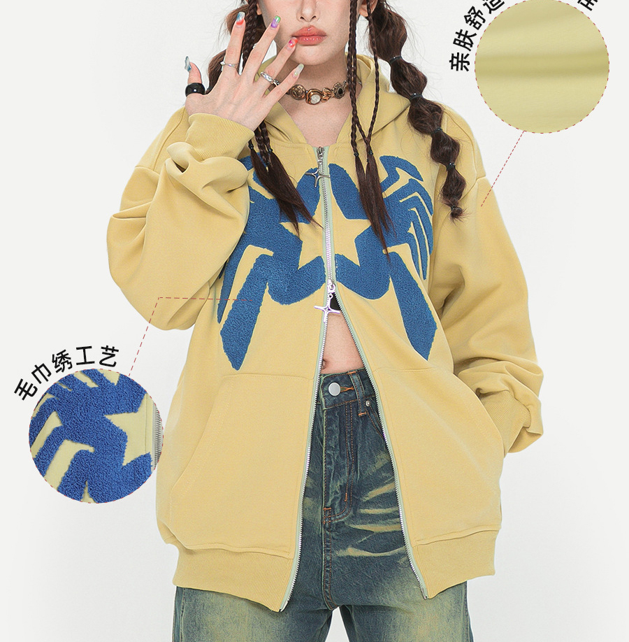 2024 autumn tide brand American hoodie retro towel embroidered hoodie cardigan hoodie woman