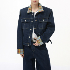 2024 men's fall new Hong Kong style retro plaid patchwork color contrast trend denim suit